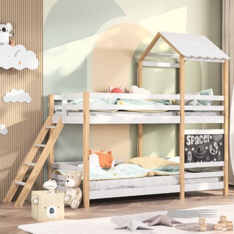 DANS LES NUAGES Etagenbett 90x200 cm, 2 Plätze, mit Zeichentafel, Treppe, Lattenrost, Sicherheitszaun, Kinderbett Prinzessin aus Holz - Weiß