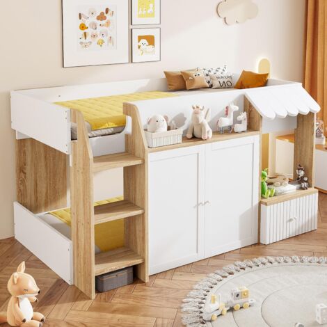 Etagenbett 90x200 cm – Kinder-Hochbett mit offenem Stauraum und Leiter – Massivholz – Weiß und Holz