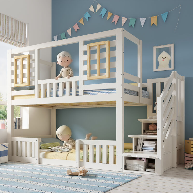 Okwish Etagenbett 90x200 Cm Mit Stauraumtreppe Und Dekofenstern, Aus Holz, Weiß, Ohne Matratze