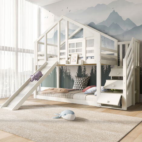 Etagenbett 90x200cm im Hausstil mit Rutsche und Schubladen, weiß, geeignet für Kinder (Matratze nicht enthalten)