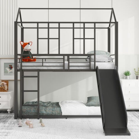 DOLINHOME Etagenbett für Kinder, Hausform, mit Rutsche, sicher und langlebig, Schwarz, 90 x 200 cm