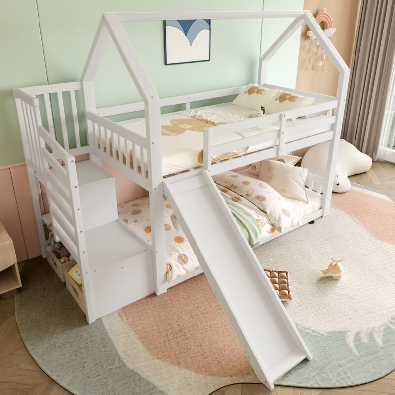 Modenvie Etagenbett Hausbett 90×200 Cm, Einzelbett Mit Aufbewahrungstreppe, Rutsche Und Rausfallschutz, Ohne Matratze, Weiß