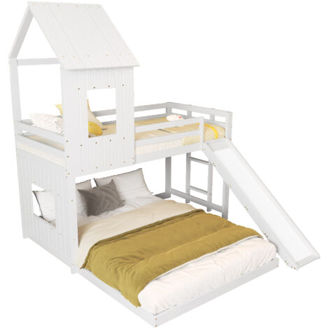 Etagenbett Holz Weiß 90x200/140x200 cm mit Rutsche, Hausbett-Design und Leiter