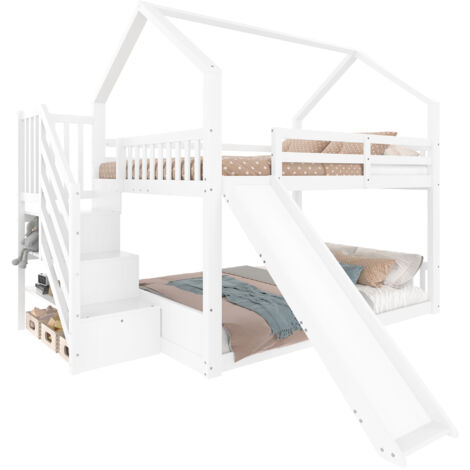 Etagenbett Kiefernholz Weiß 140x200 cm mit Stauraumtreppe, Rutsche und Hausdesign