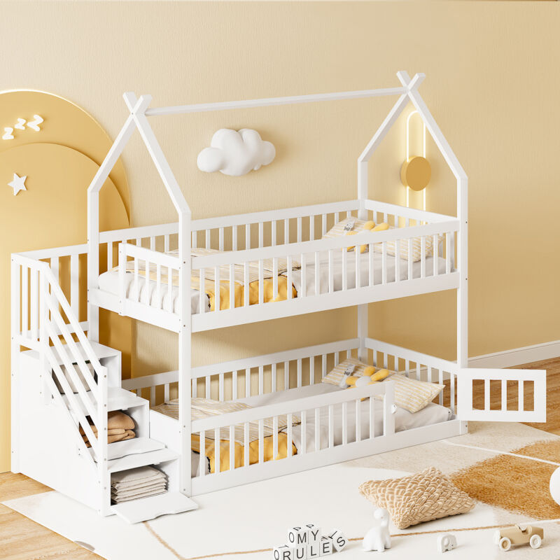 Modenvie Etagenbett Kinder 90×200 Cm, Einzelbett Mit Stauraum, Treppe, Schubladen Und Hausdach, Ohne Matratze, Weiß