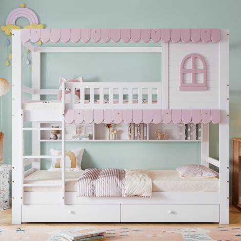 OKWISH Etagenbett, Kinderbett mit Fenster, mit Absturzsicherung, offenes Regal, rosa Dachtraufe, zwei Schubladen auf Rollen, viel Stauraum, Kiefer + MDF, weiß + rosa, 90x200cm