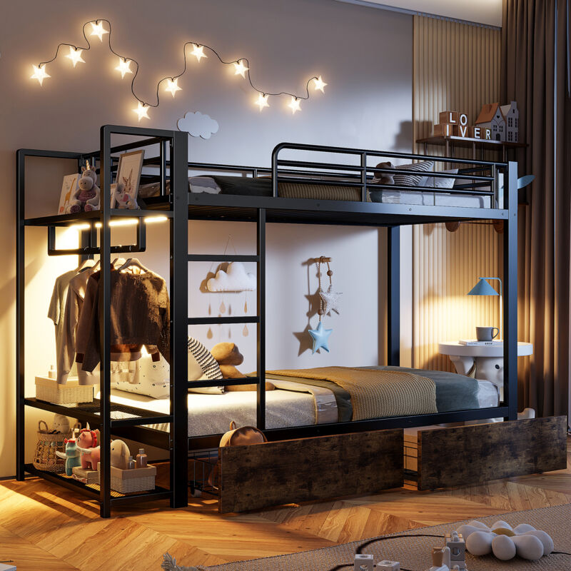Mivray Etagenbett Metall Schwarz 90x200 Cm Mit Led-lichtleiste, Regalen, 2 Schubladen Und Kleiderstange