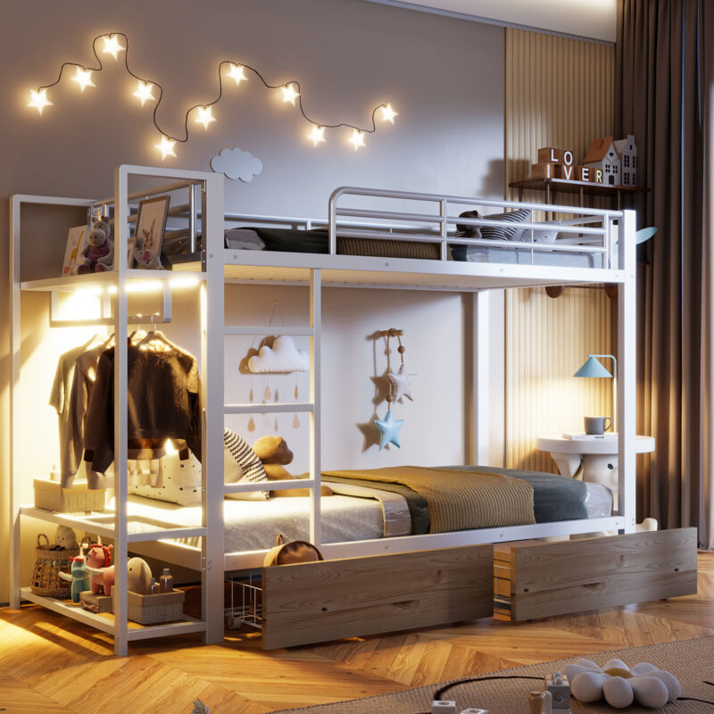 Mivray Etagenbett Metall Und Mdf Weiß 90x200 Cm Mit 2 Schubladen, Regalen Und Led-lichtleiste