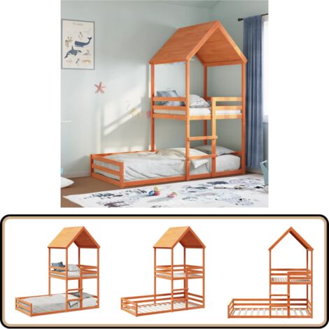 Etagenbett mit Dach Wachsbraun 80x200 cm Massivholz Kiefer - Kinderbett - Hochbett - Etagenbett - Jugendbett - Massivholzbette