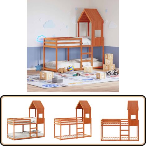 Etagenbett mit Dach Wachsbraun 90x190 cm Massivholz Kiefer - Kinderbett - Holzbett - Jugendbett - Etagenbett - Hochbett