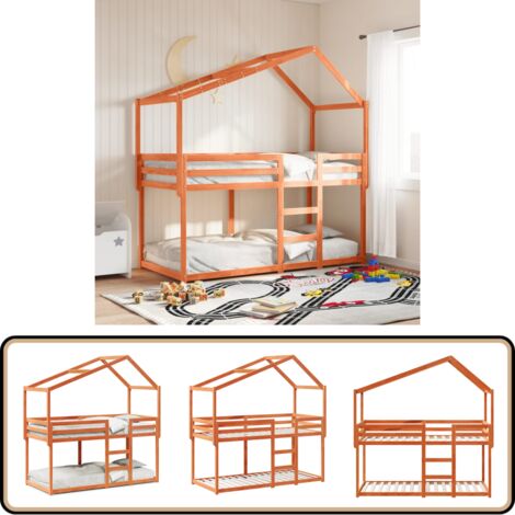 Etagenbett mit Dach Wachsbraun 90x190 cm Massivholz Kiefer - Kinderbett - Holzbett - Kiefernholzbett - Etagenbett - Hochbett