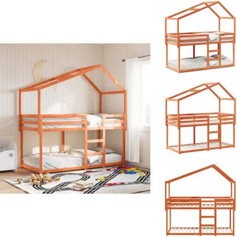 Etagenbett mit Dach Wachsbraun 90x200 cm Massivholz Kiefer - Kinderbett - Etagenbett - Hochbett - Holzbett - Kiefernholzbett
