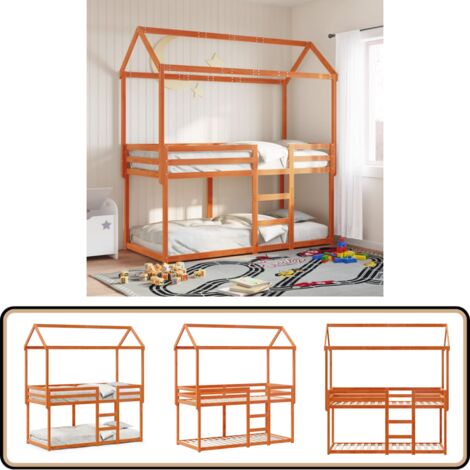 Etagenbett mit Dach Wachsbraun 90x200 cm Massivholz Kiefer - Kinderbett - Jugendbett - Etagenbett - Hochbett - Holzbett