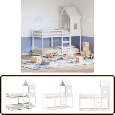 Etagenbett mit Dach Weiß 90x200 cm Massivholz Kiefer - Kinderbett - Jugendbett - Holzbett - Etagenbett - Hochbett