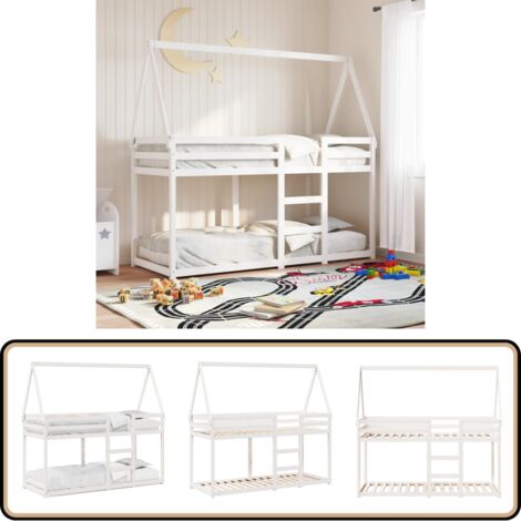 Etagenbett mit Dach Weiß 90x200 cm Massivholz Kiefer - Kinderbett - Jugendbett - Holzbett - Etagenbett - Hochbett