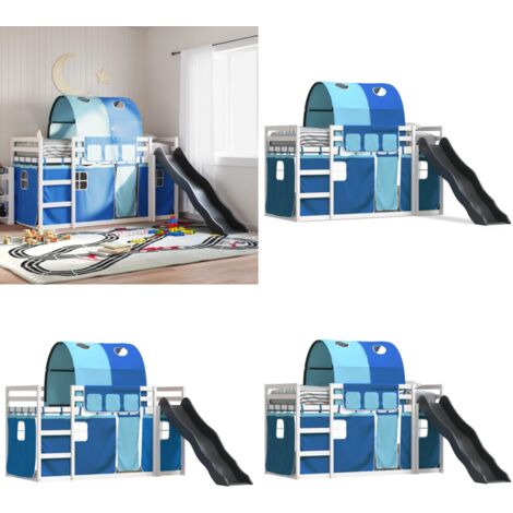 Etagenbett mit Rutsche und Gardinen Blau 90x190 cm - Kinderhochbett - Holzbett - Kiefernholzbett - Etagenbett - Hochbettesystem - Home & Living