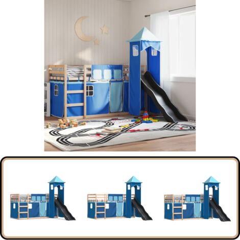 Etagenbett mit Rutsche und Gardinen Blau 90x190 cm - Kinderhochbett - Holzbett - Kiefernholzbett - Jugendzimmermöbel - Etagenbett Mit Rutsche