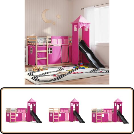 Etagenbett mit Rutsche und Gardinen Rosa 80x200 cm - Kinderhochbett - Holzbett - Etagenbett - Jugendzimmermöbel - Hochbettesystem