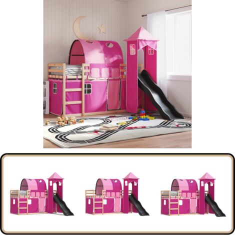 Etagenbett mit Rutsche und Gardinen Rosa 90x190 cm - Kinderhochbett - Holzbett - Jugendzimmermöbel - Etagenbett - Hochbett Mit Rutsche
