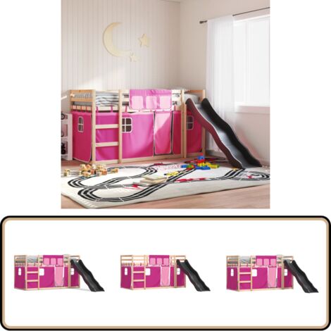 Etagenbett mit Rutsche und Gardinen Rosa 90x190 cm - Kinderhochbett - Jugendbett - Etagenbett - Holzbett - Kiefernholzbett