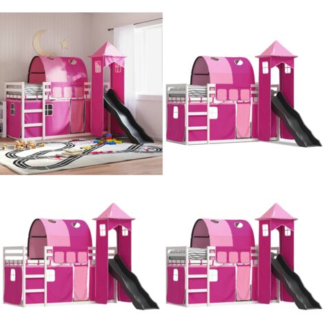 Etagenbett mit Rutsche und Gardinen Rosa 90x200 cm - Hochbett für Kinder - Holzbetten