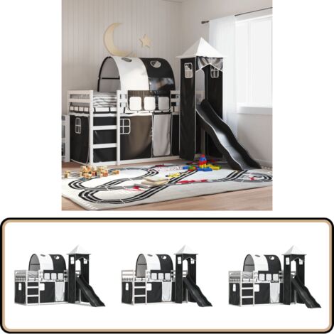 Etagenbett mit Rutsche und Gardinen Weiß und Schwarz 90x190 cm - Etagenbett - Hochbett - Kinderbett - Holzbett - Kiefernholzbett
