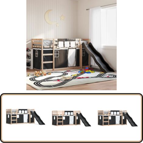 Etagenbett mit Rutsche und Gardinen Weiß und Schwarz 90x190 cm - Kinderhochbett - Holzbett - Kiefernholzbett - Jugendzimmermöbel - Etagenbett