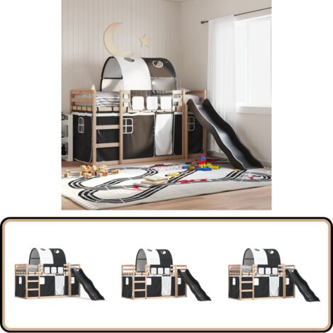Etagenbett mit Rutsche und Gardinen Weiß und Schwarz 90x190 cm - Kinderhochbett - Holzbett - Kiefernholzbett - Jugendzimmermöbel - Etagenbett Mit Rutsche