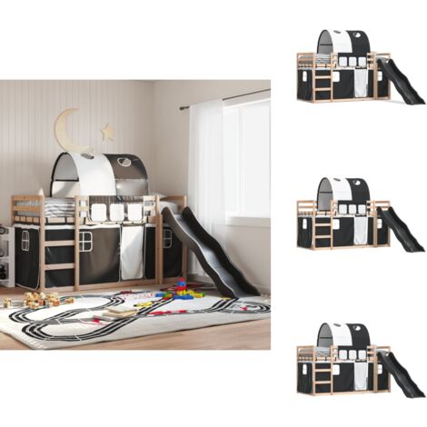 Etagenbett mit Rutsche und Gardinen Weiß und Schwarz 90x190 cm - Kinderhochbett - Holzbett - Kiefernholzbett - Jugendzimmermöbel - Etagenbett Mit Rutsche