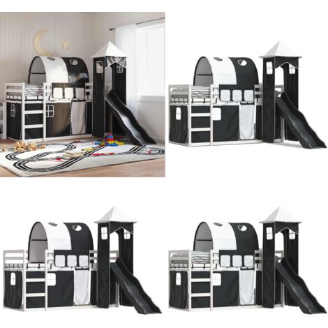 Etagenbett mit Rutsche und Gardinen Weiß und Schwarz 90x200 cm - Hochbett für Kinder - Holzbetten