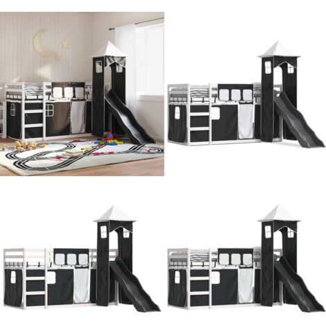 Etagenbett mit Rutsche und Gardinen Weiß und Schwarz 90x200 cm - Hochbett für Kinder - Holzbetten