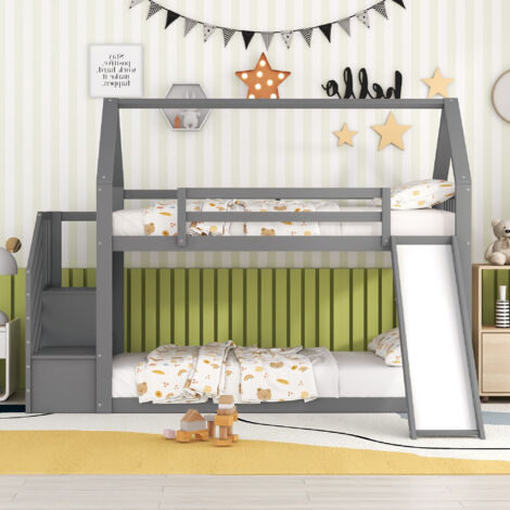Etagenbett mit Stauraumtreppe und Rutsche, Kojenbett, Kinderbett mit Reling, für Kinder, Jugendliche geeignet, 90x200cm, grau