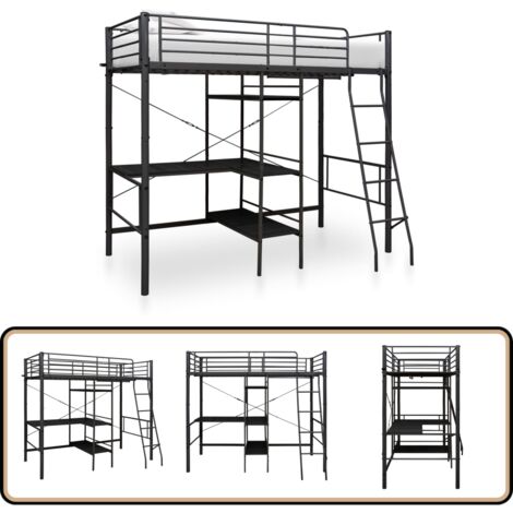 Etagenbett mit Tischrahmen Schwarz Metall 90x200 cm - Kinderbett - Jugendbett - Etagenbett - Doppelbett - Schlafsystem