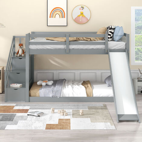 SWEIKO Etagenbett mit Treppe und Rutsche 90x200cm, Rahmen aus massivem Kiefernholz, Kinderbett mit 3 Schubladen in der Treppe, grau
