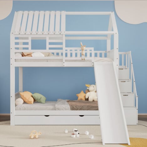 OKWISH Etagenbett mit Treppe und Rutsche, Hausbett, Treppe mit Stauraum, Kiefernholz- und MDF-Struktur, Kinderbett mit Fenster und Dach, mit Absturzsicherung und Schublade, weiß, 90x200cm2