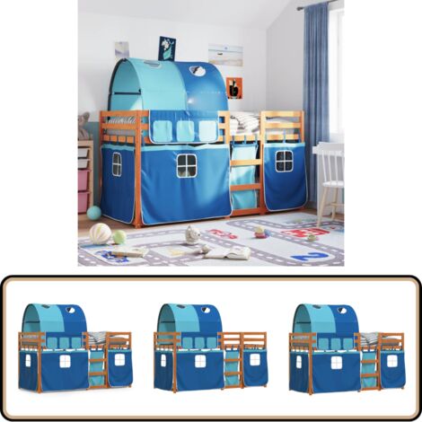 Etagenbett mit Vorhängen Blau 90x190 cm Massivholz Kiefer - Kinderzimmermöbel - Hochbett - Etagenbett - Jugendzimmer - Holzbett