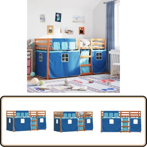 Etagenbett mit Vorhängen Blau 90x190 cm Massivholz Kiefer - Kinderzimmermöbel - Hochbett - Etagenbett - Jugendzimmer - Holzbett