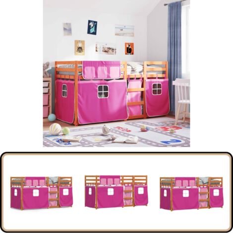 Etagenbett mit Vorhängen Rosa 80x200 cm Massivholz Kiefer - Kinderzimmermöbel - Hochbett - Etagenbett - Jugendzimmer - Holzbett
