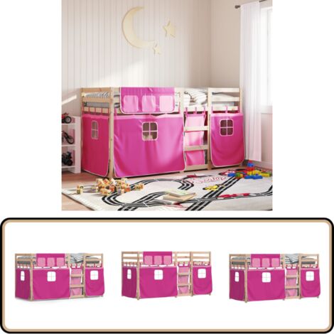 Etagenbett mit Vorhängen Rosa 90x190 cm Massivholz Kiefer - Kinderzimmermöbel - Etagenbett - Hochbett - Jugendzimmer - Kiefernholz