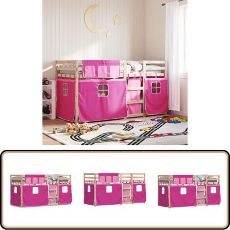 Etagenbett mit Vorhängen Rosa 90x190 cm Massivholz Kiefer - Kinderzimmermöbel - Hochbett - Etagenbett - Jugendzimmer - Holzbett