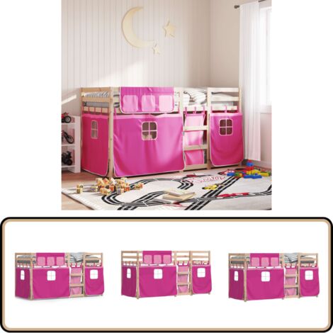 Etagenbett mit Vorhängen Rosa 90x200 cm Massivholz Kiefer - Kinderzimmermöbel - Hochbett - Etagenbett - Jugendzimmer - Holzbett