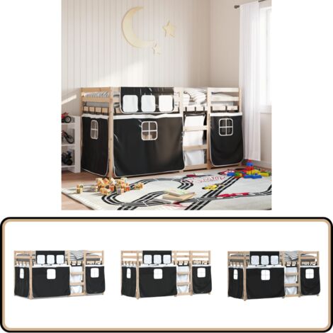 Etagenbett mit Vorhängen Weiß & Schwarz 80x200 cm Kiefernholz - Kinderzimmermöbel - Etagenbett - Hochbett - Holzbett - Kiefernholzbett
