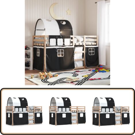 Etagenbett mit Vorhängen Weiß & Schwarz 80x200 cm Kiefernholz - Kinderzimmermöbel - Hochbett - Etagenbett - Jugendzimmer - Holzbett