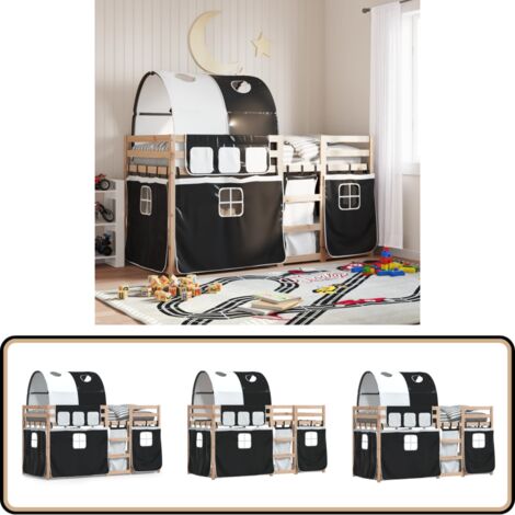 Etagenbett mit Vorhängen Weiß & Schwarz 90x190 cm Kiefernholz - Kinderzimmermöbel - Hochbett - Etagenbett - Jugendzimmer - Bunk Bed