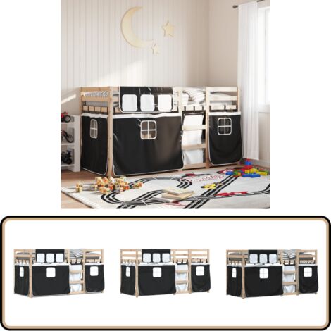 Etagenbett mit Vorhängen Weiß & Schwarz 90x190 cm Kiefernholz - Kinderzimmermöbel - Hochbett - Etagenbett - Jugendzimmer - Kiefernholz