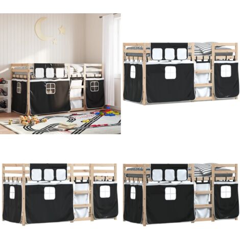 Etagenbett mit Vorhängen Weiß Schwarz 90x200 cm Kiefernholz - Kinderzimmermöbel - Etagenbett - Hochbett - Jugendzimmer - Kiefernholz - Home & Living