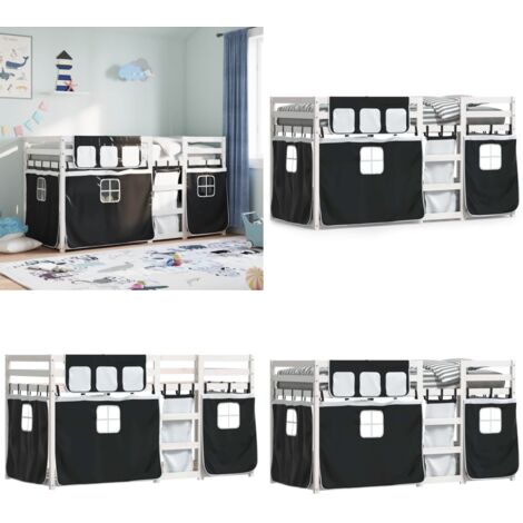 Etagenbett mit Vorhängen Weiß Schwarz 90x200 cm Kiefernholz - Kinderzimmermöbel - Hochbett - Etagenbett - Jugendbett - Holzbett - Home & Living
