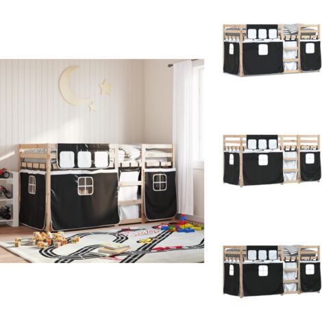 Etagenbett mit Vorhängen Weiß Schwarz 90x200 cm Kiefernholz - Kinderzimmermöbel - Hochbett - Etagenbett - Jugendbett - Kiefernholz