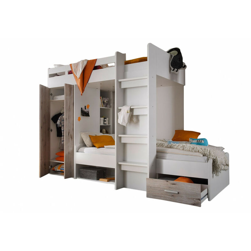 Etagenbett Nils inklusive Kleiderschrank + Schubkasten + Regale + Lattenrostplatte weiß - grau