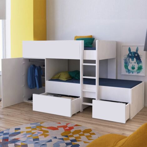 Etagenbett TWIN 90x190 mit Schrank und Schubladen + 2 Lattenroste / Weiß/ 252x111x145